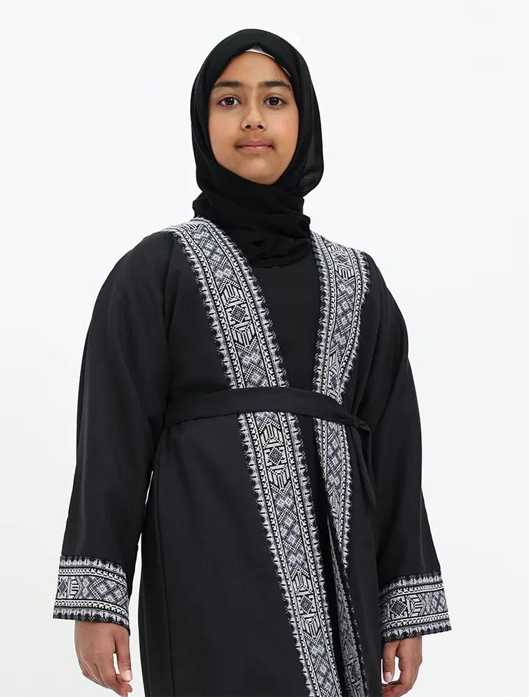 Black 2 Piece Moroccan Embroidery Girl Abaya